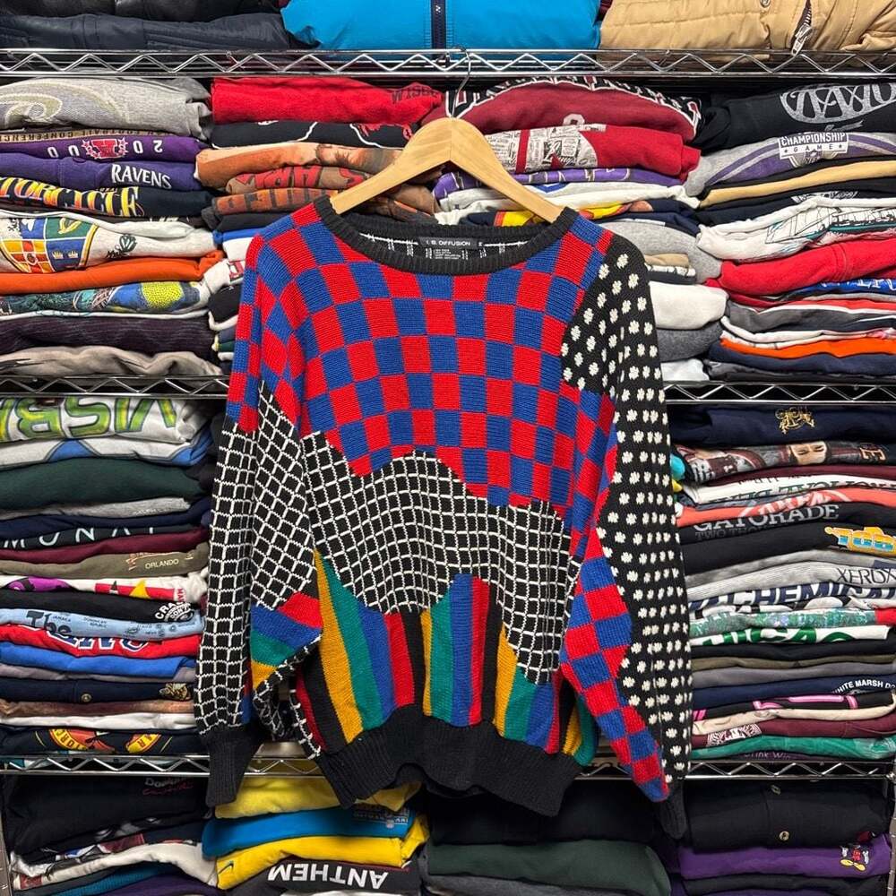 I.B. Diffusion Vintage 80s Geometric Pattern Abstract Multi-Color Knit Sweater